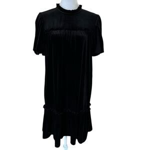 Cece Women Black Ruffle Velvet Babydoll Jewel Neck Short Sleeves Dress L - NWT